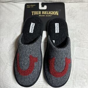 True Religion NEW Logo Slippers Men Sz Large 11-12 Gray Red Fleece